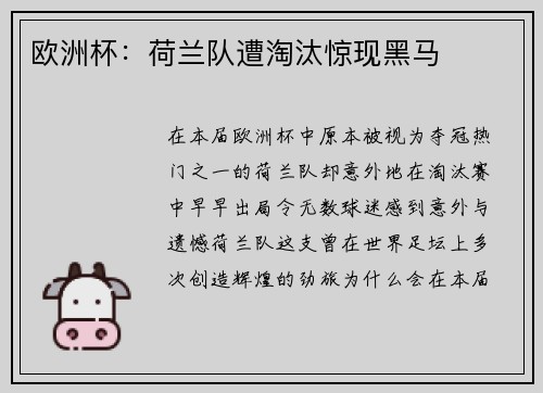 欧洲杯：荷兰队遭淘汰惊现黑马