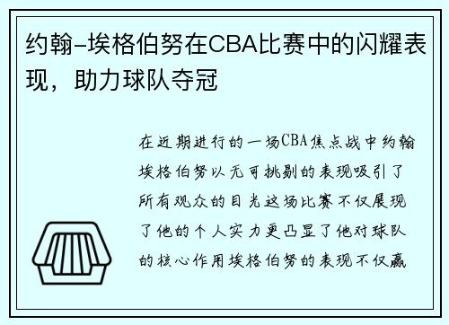 约翰-埃格伯努在CBA比赛中的闪耀表现，助力球队夺冠